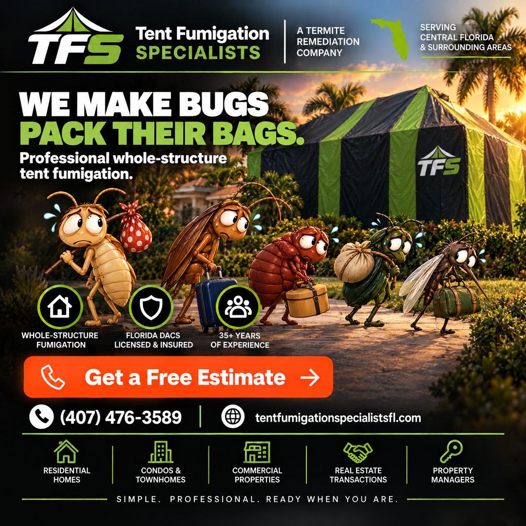 TFS cartoon pest characters in front of a house wrapped in a green fumigation tent