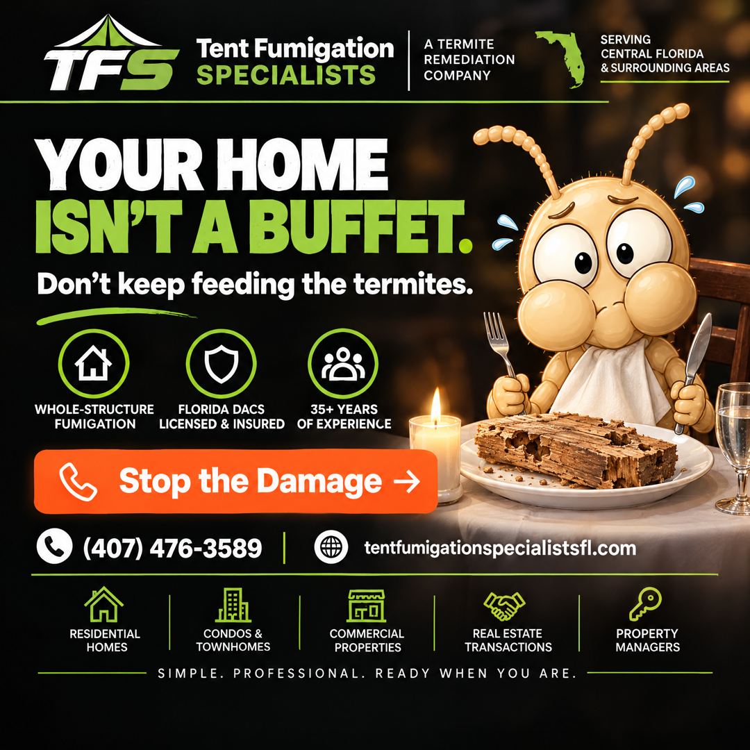 Cartoon termites treating a wooden house frame like a buffet, TFS social graphic
