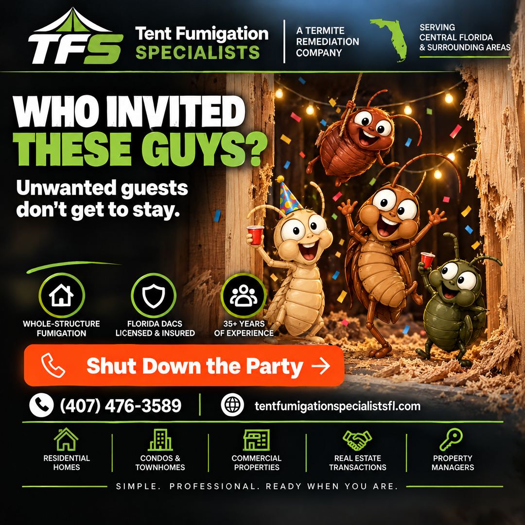 Cartoon termites and roaches having a party inside a home, TFS social graphic