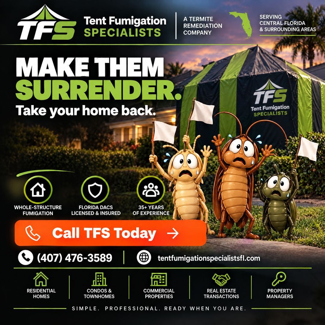Cartoon pests waving a white flag outside a TFS fumigation tent, TFS social graphic