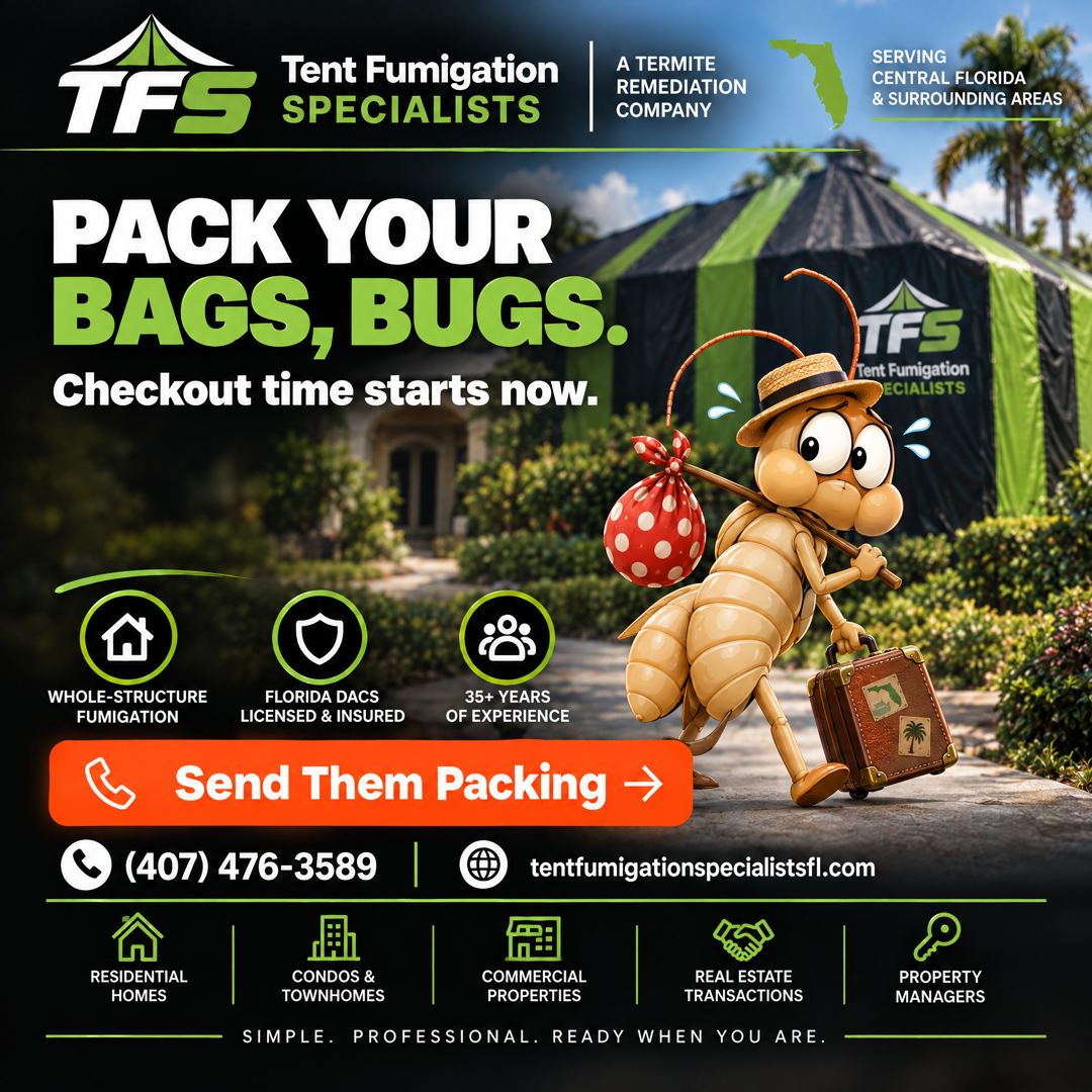 Cartoon pests with suitcases leaving a fumigated home, TFS social graphic